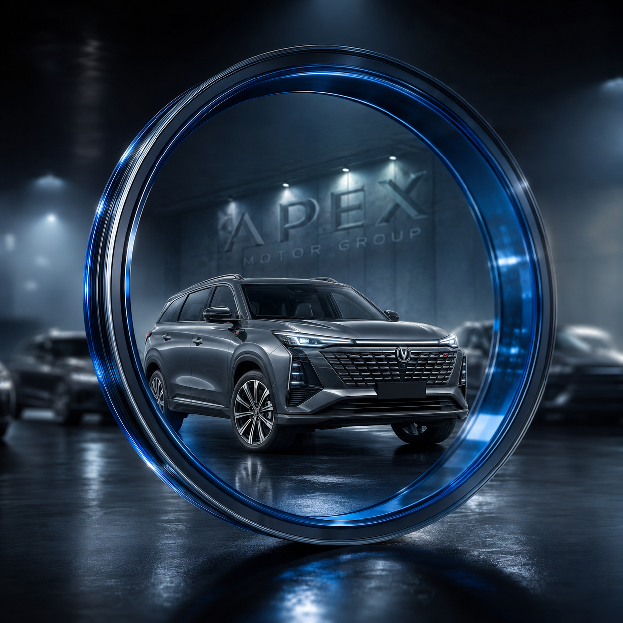 Apex Motor Group showroom at dusk