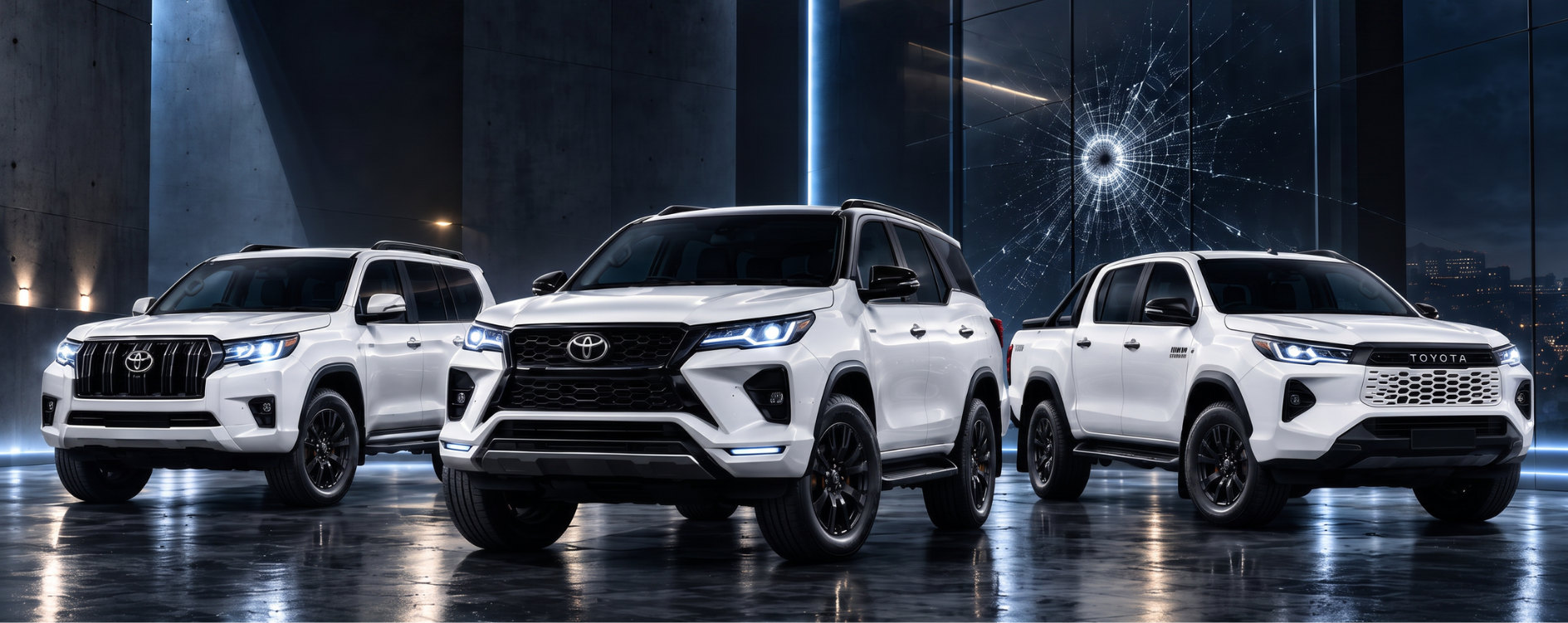 APEX armoured Toyota Land Cruiser Prado, Fortuner and Hilux in a dark showroom