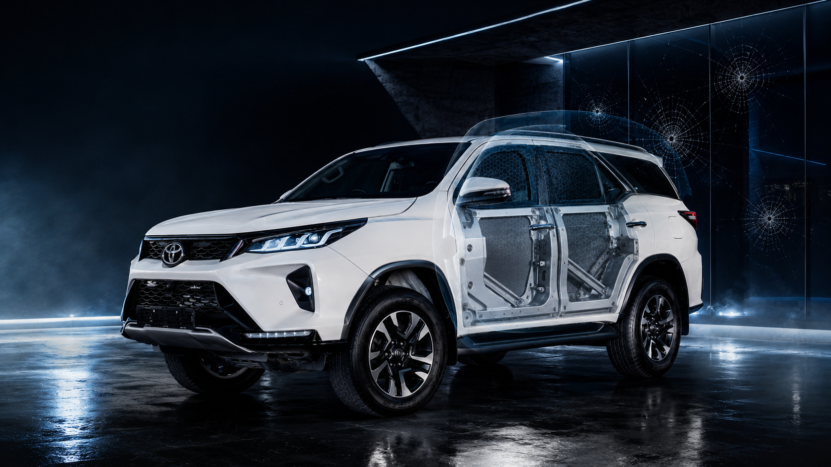 White Toyota Fortuner armoured vehicle at Apex Motor Group