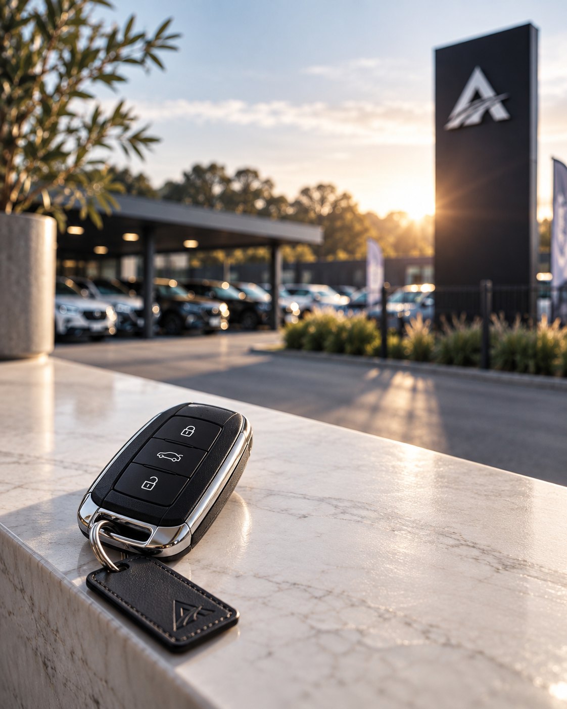 Luxury key fob at APEX Motor Group during golden hour